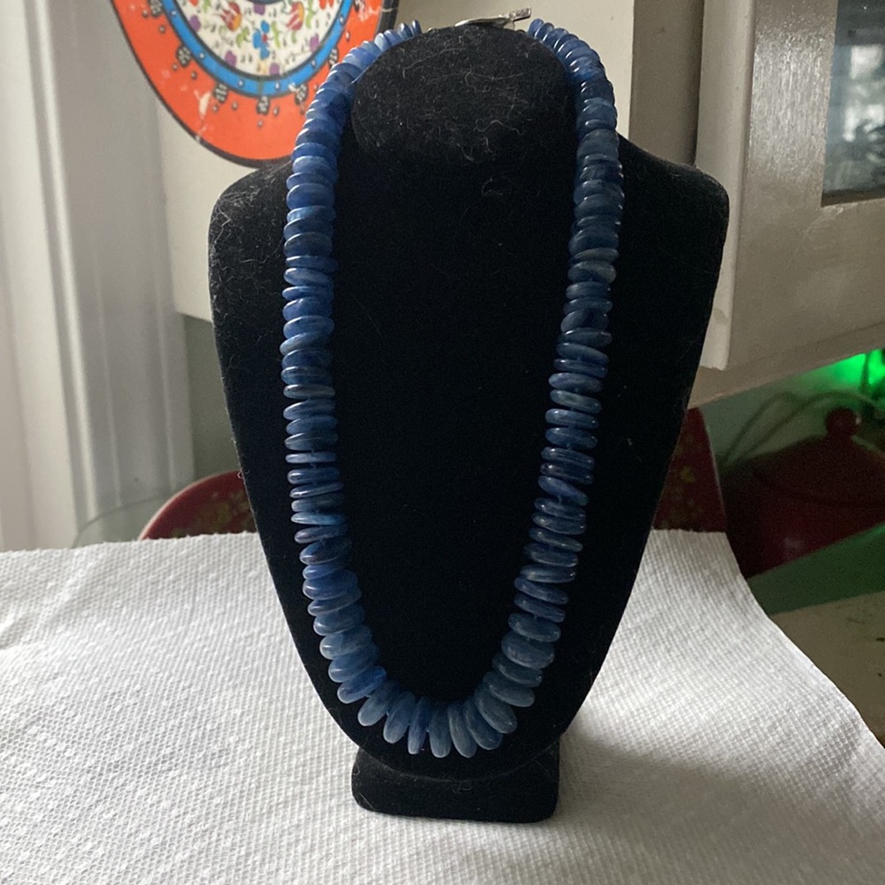 Lapis Lazuli Disc Necklace, 15 1/2”, hammered sterling clasp, 1/4 inch discs